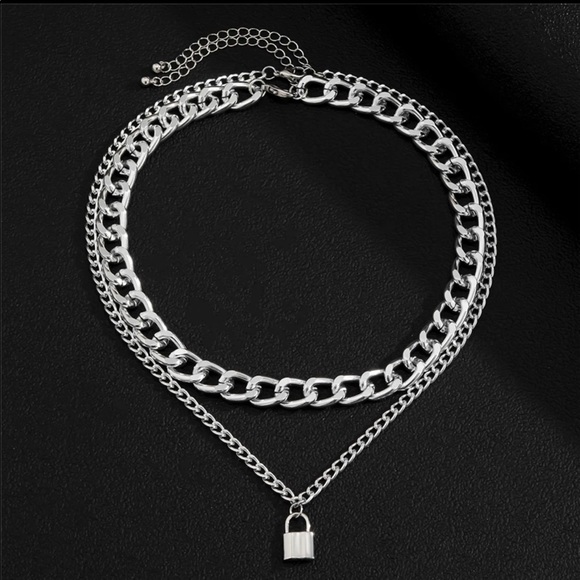 Unisex Silver Chunky Chain Lock Pendant Necklace - Picture 3 of 5
